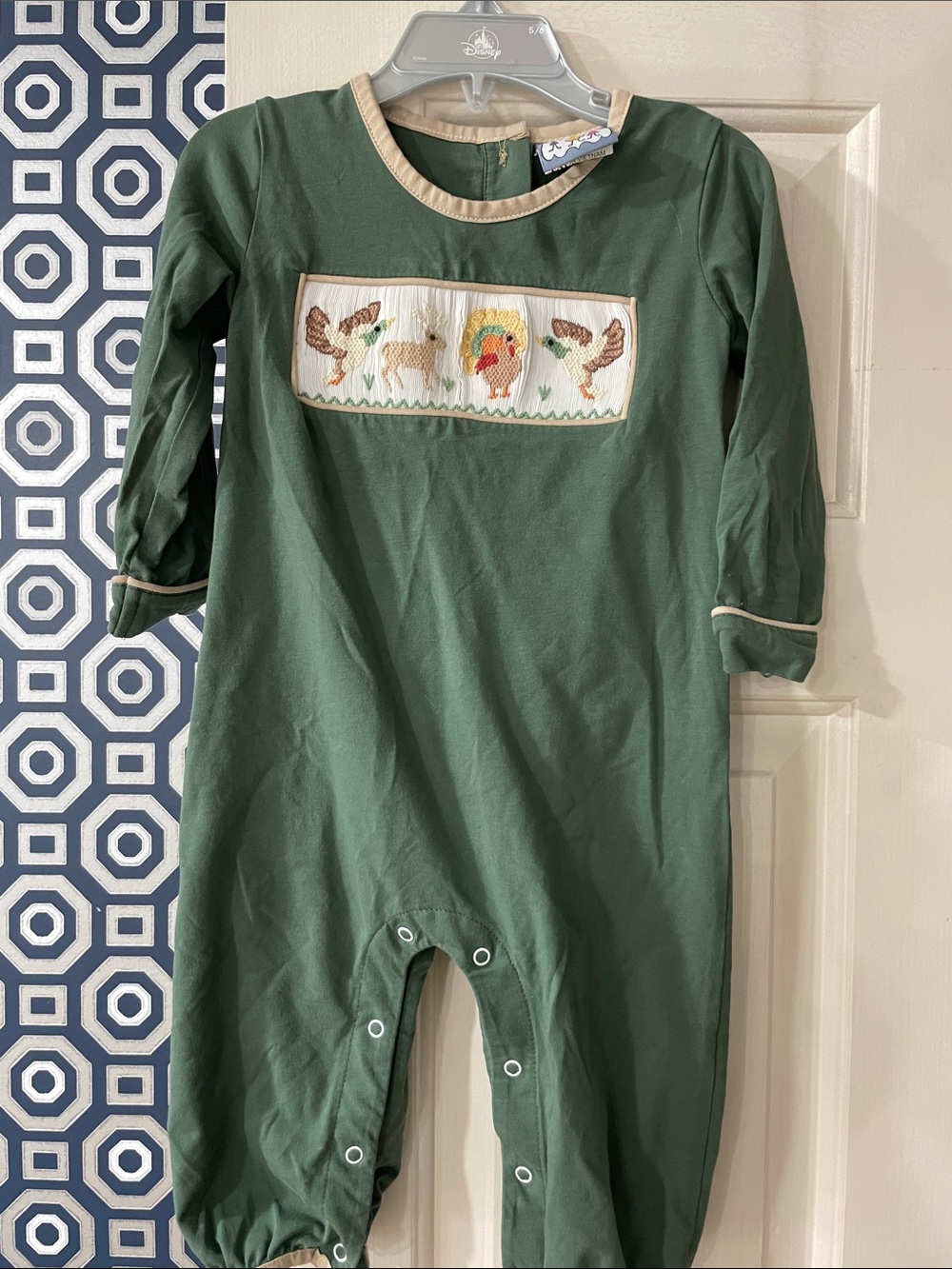 Classic Green Smocked Forest Animal Footie with Cream Trim